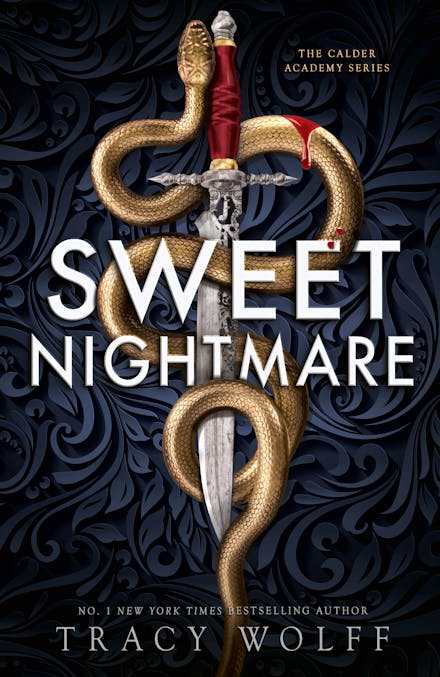 The cover of Sweet Nightmare by Tracy Wolff with a dagger, a snake wrapped around the dagger, and blood drips.